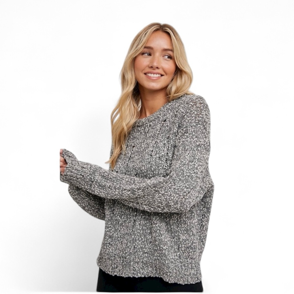 Free People Chunky Cotton Knit Cropped Sweater Black Gray White Sweater Sz S - Picture 2 of 13